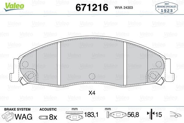 VALEO 671216 | Fren Balatası Ön Cadillac Gm Cts 02-07 Sts 04-06